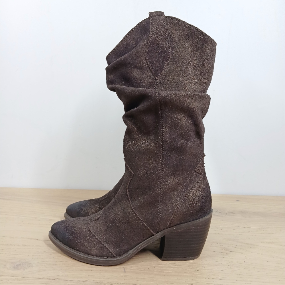 Vaneli Tan Suede Slouchy Western‎ Mid-Calf Boots Block Heel